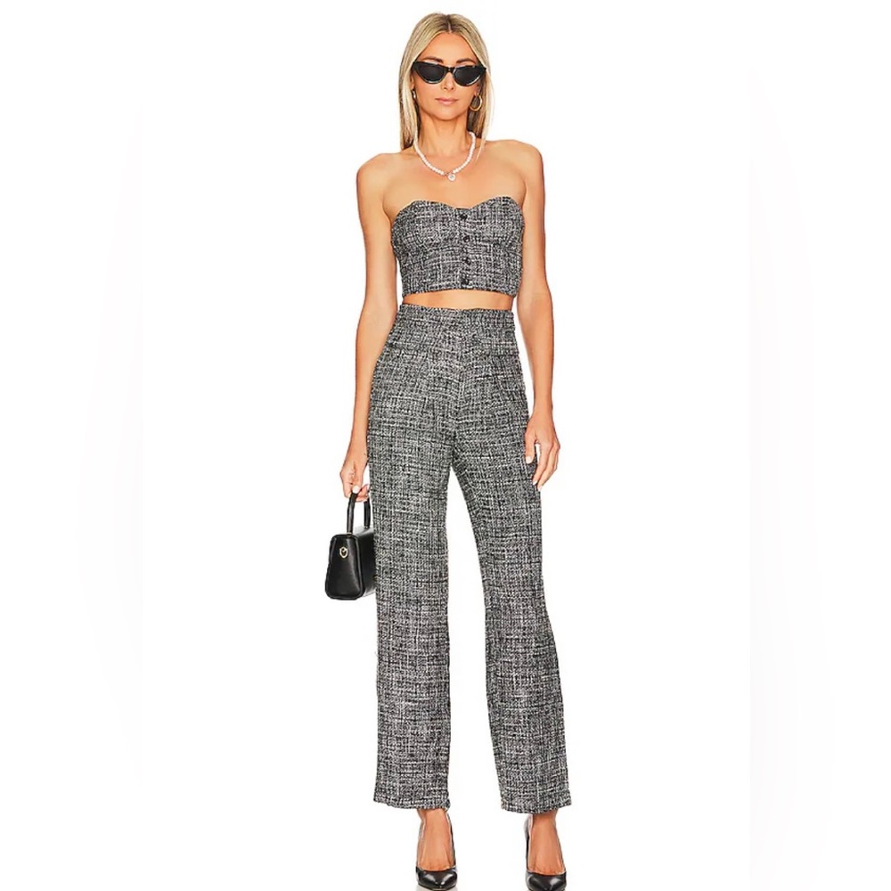Grey Tweed Strapless Crop Top & Pants Set